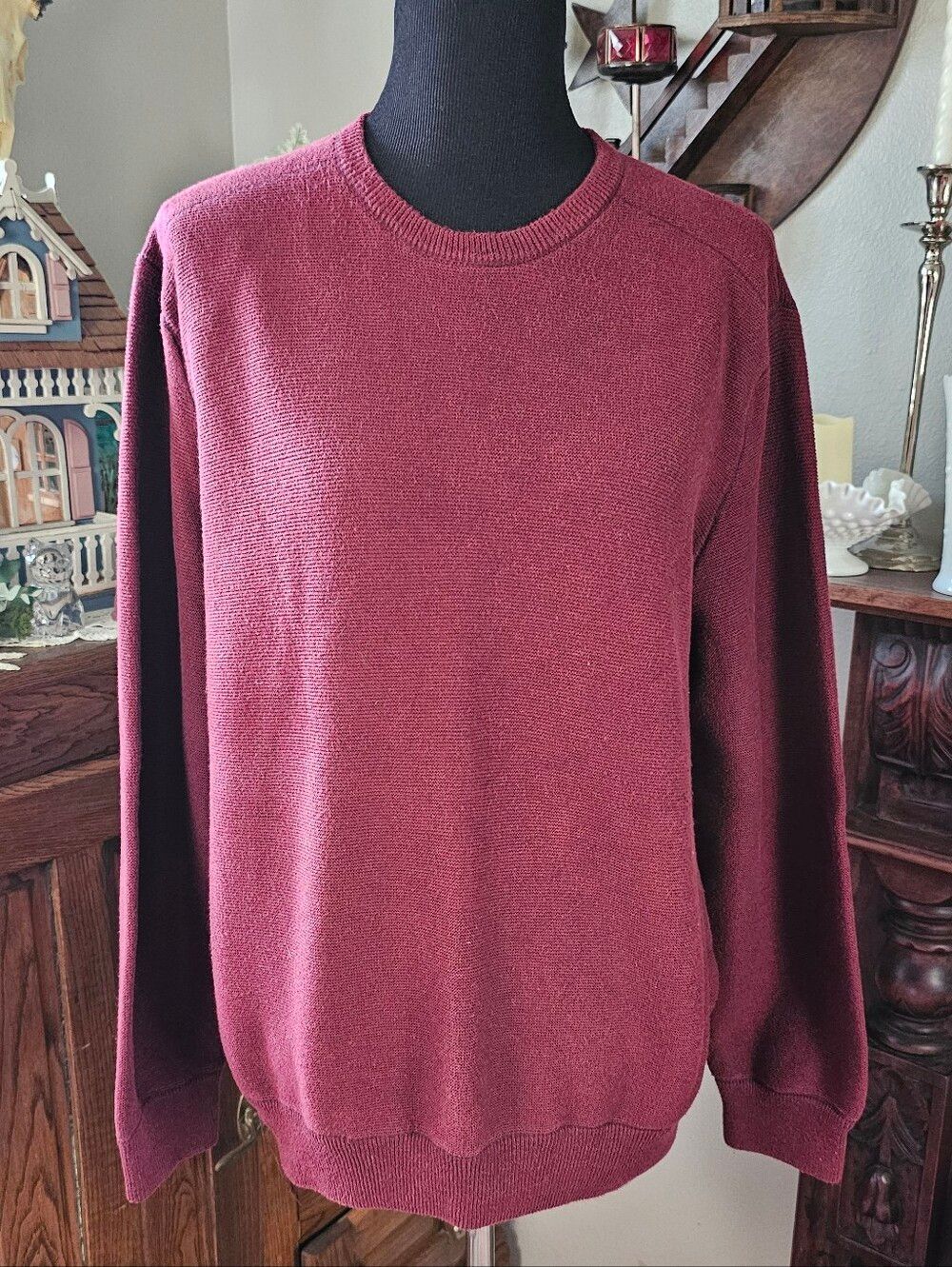 Calvin Klein XL Burgundy Crewneck Sweater Men's Lightweight Knit Classic Pullove